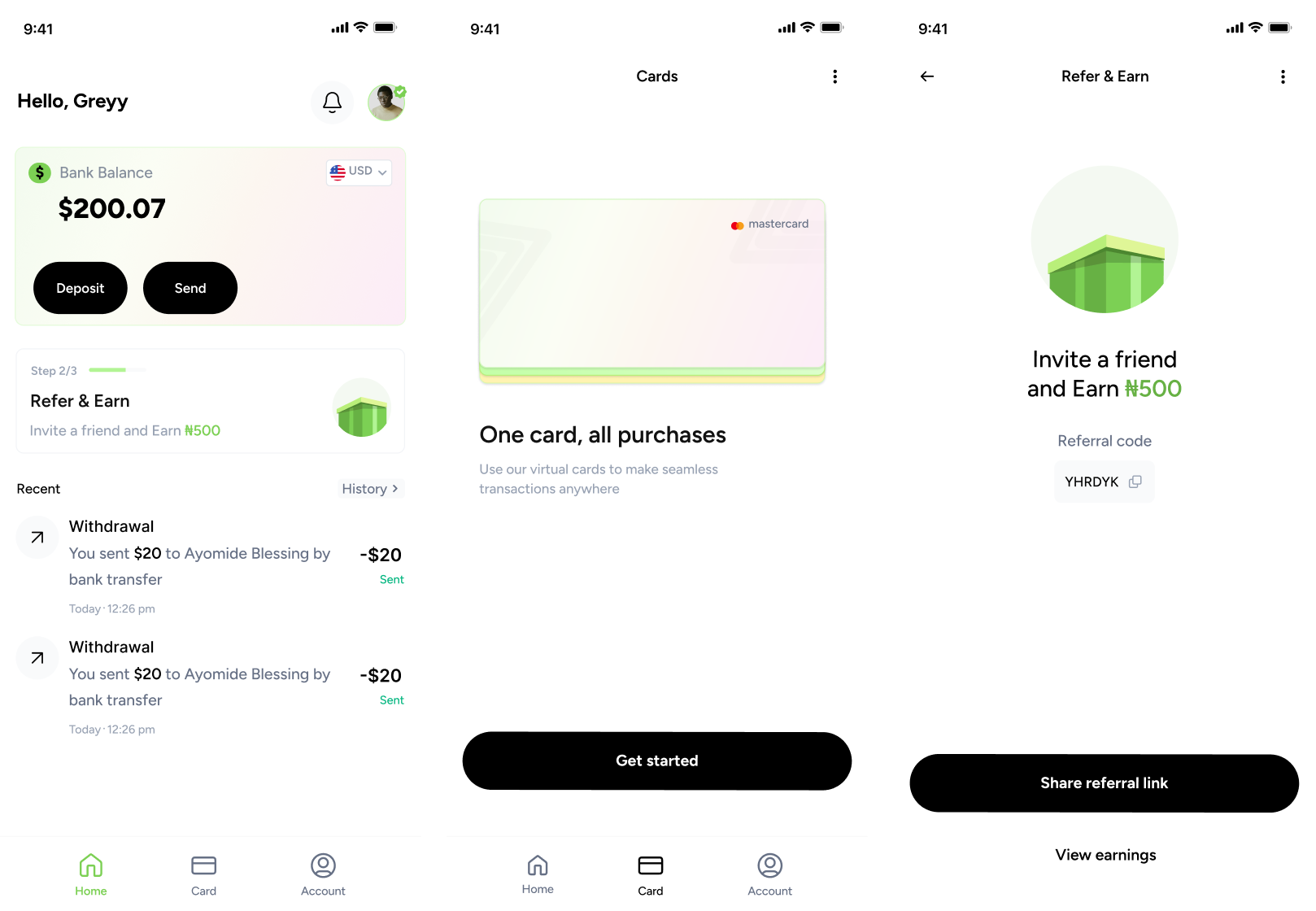 Fintech app balance and cards screens